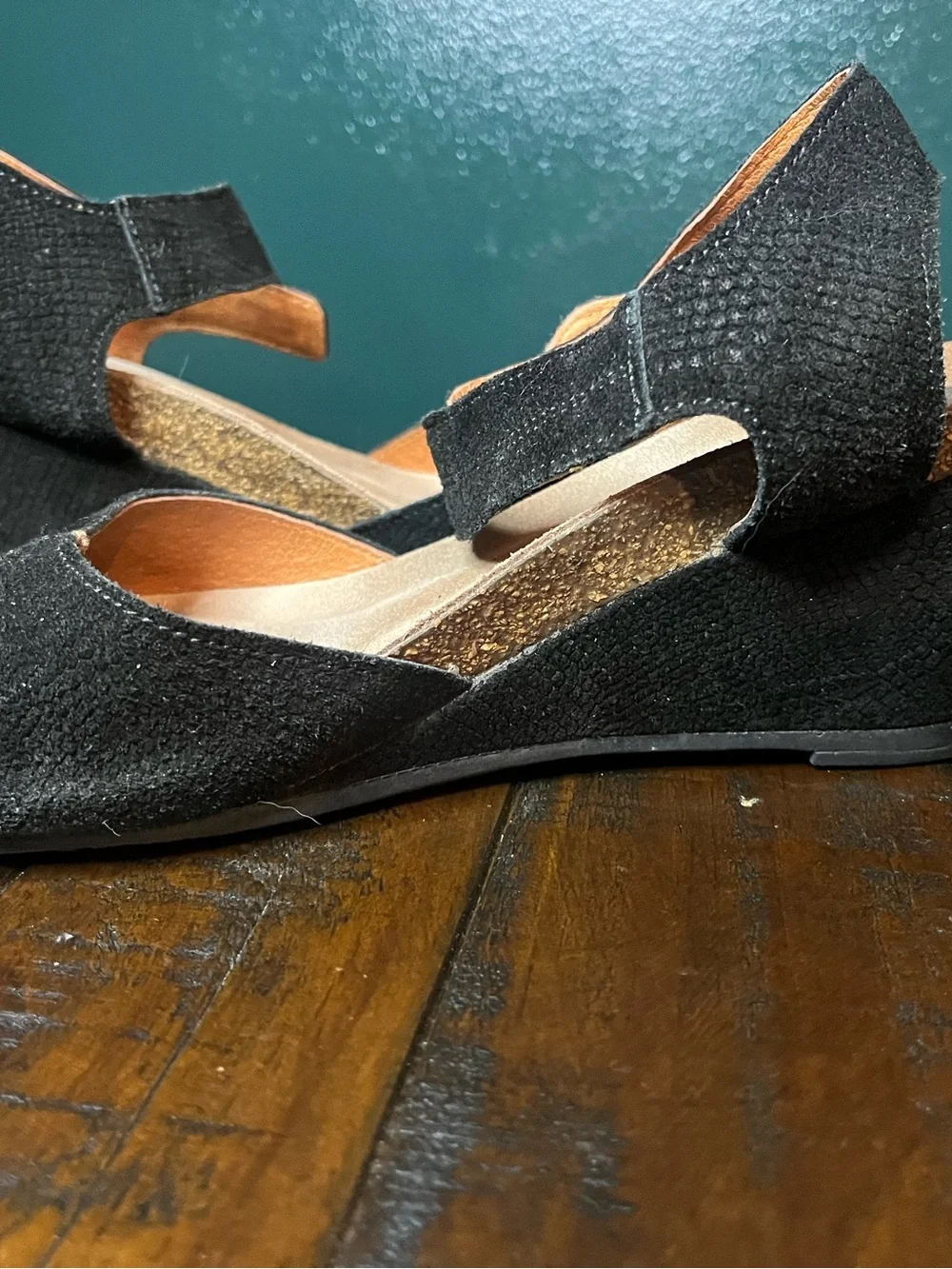 Taos Promise Wedge Sandals Black Suede Silver Buckle Closed Toe Sz 37 US 6 / 6.5